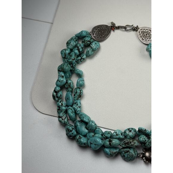 Lucky Brands Faux Turquoise Necklace 19" Triple Strand Flower Statement - Picture 4 of 11